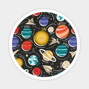 Paper space adventure II // pattern // black background multicoloured solar system paper cut planets origami paper spaceships and rockets Magnet